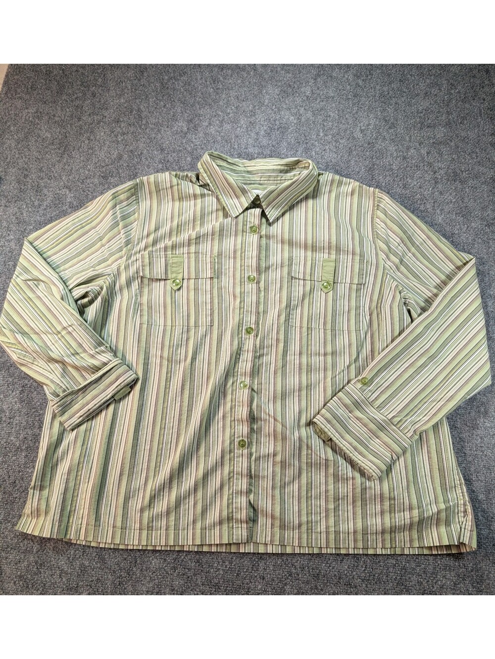 C.J. Banks Women's Stretch Button-Up Shirt 3X Green Striped Long Sleeve